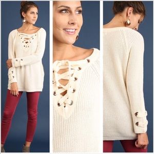 Cream Lace Up Umgee Sweater